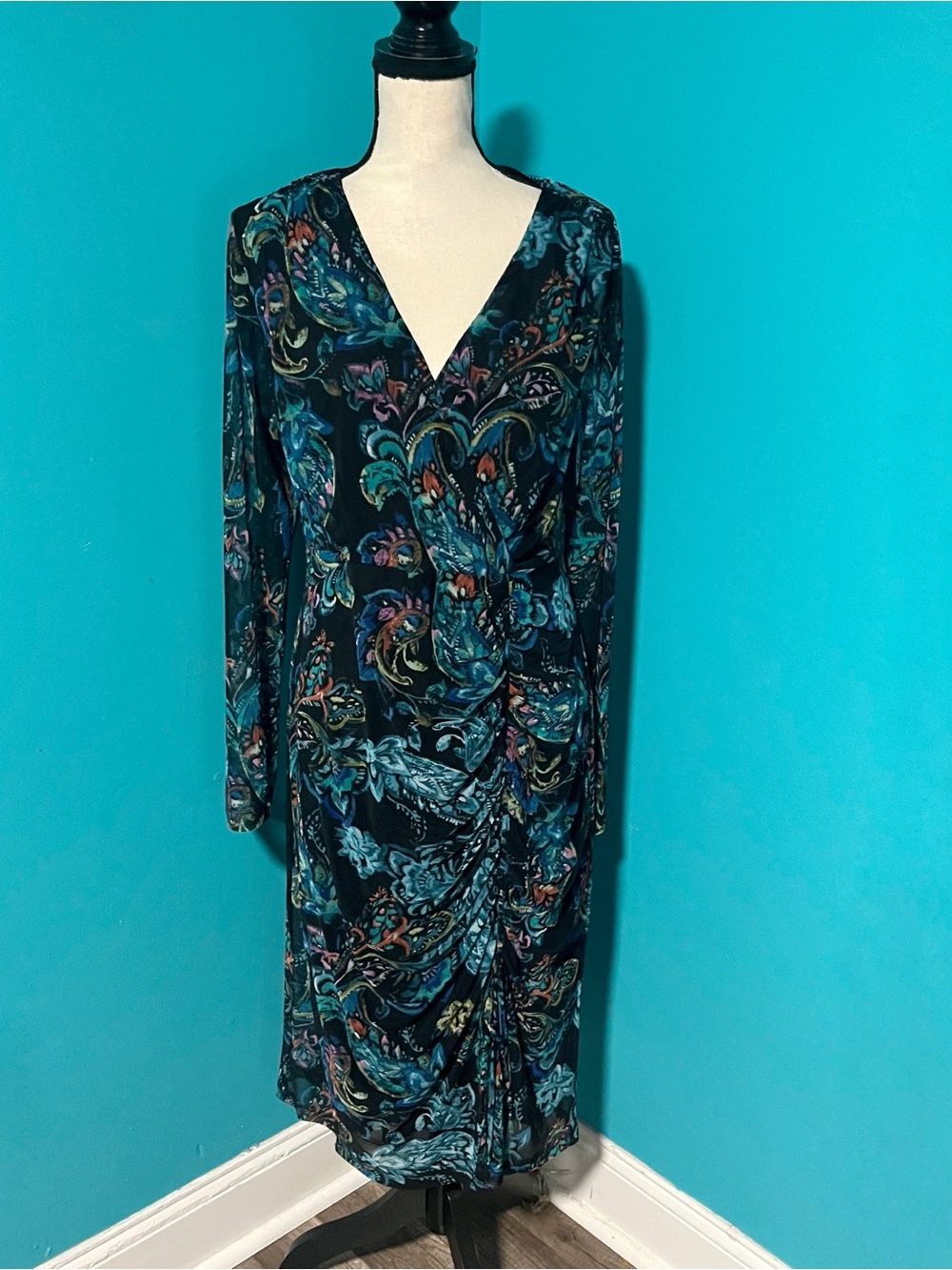 Connected Apparel 16 Multicolor Black Blue Mesh Overlay Ruched Side Dress